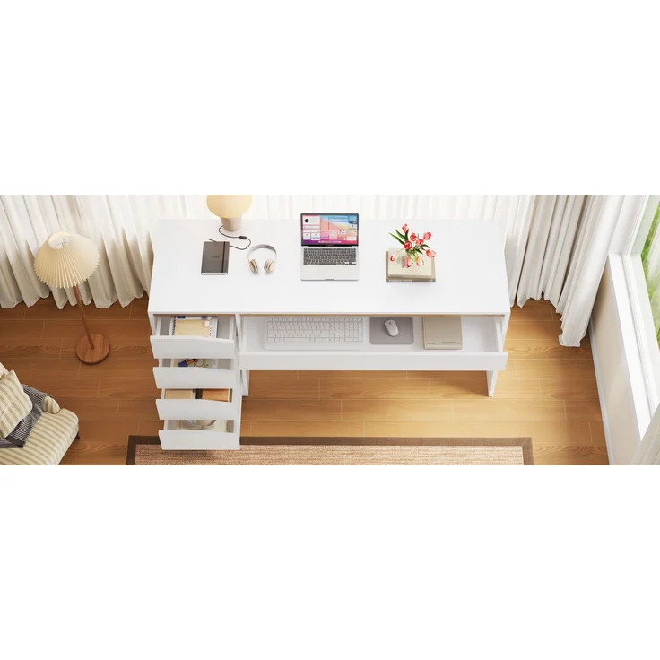 ZUBALIYA Schreibtisch 140x50 cm mit 5 Schubladen, Weiß/Eiche-Optik, Moderner Computertisch mit extra großer Arbeitsfläche, Schminktisch mit Stauraum, Bürotisch für Homeoffice, Schlafzimmer und Arbeitszimmer – Bild 21