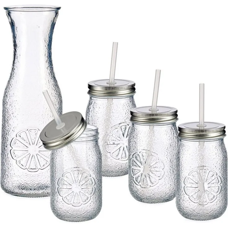 MamboCat Karaffe 5tlg Set Vivalto Lima Karaffe + 4x Glas mit Deckel und Strohhalm