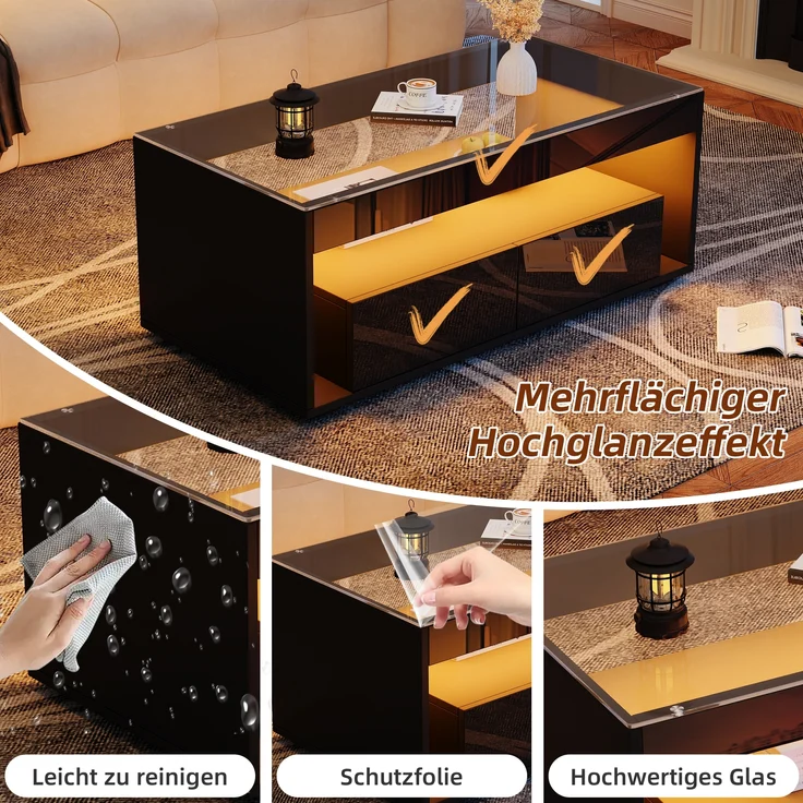 Couchtisch aus Spanplatte mit 16-farbiger LED-Beleuchtung, 2 Schubladen & gehärtetem Glas, 100x50x40 cm, Schwarz – Bild 8