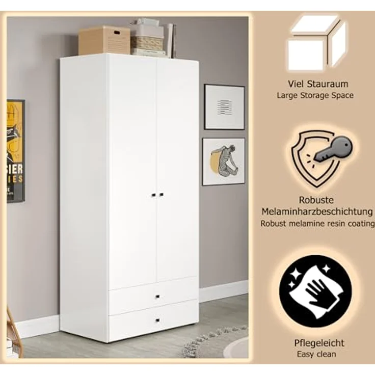 trendteam smart living - Basics - Kleiderschrank - Weiß - Garderobenschrank mit 2 Türen, 1 Hutablage, 1 Kleiderstange und 2 Schubladen - (BxHxT) 81 x 176 x 51 cm - Moderner Stil – Bild 5