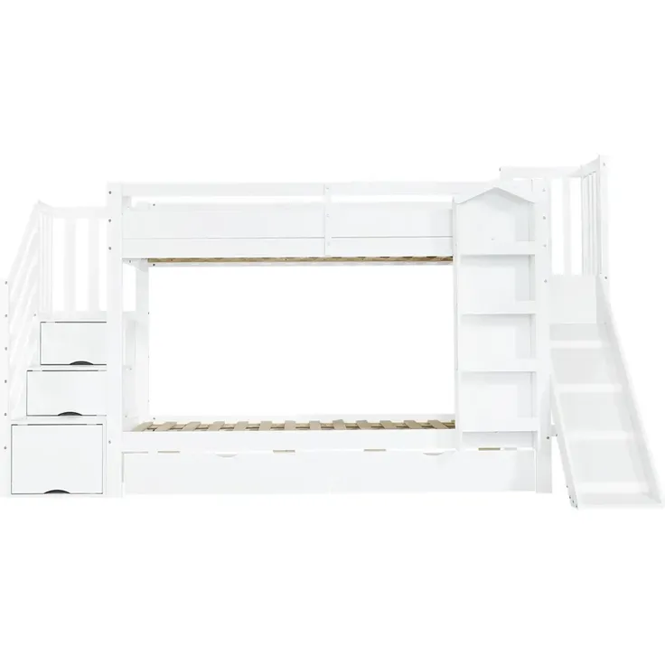 Etagenbett mit 2 Liegeflächen, Rutsche, Treppe, Regal, Schubladen, Stauraum und Rausfallschutz, 90x200cm, Kinderbett, Jugendbett, Kiefer – Bild 6