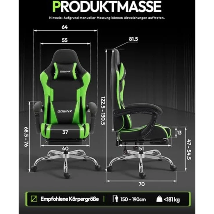 Dowinx Gaming Stuhl Bürostuhl Massage Gaming Sessel mit höhenverstellbaren Linkage-Armlehnen, ergonomischer Gamer Stuhl mit Fußstütze, gepolstert Gaming Chair 150° neigbar bis 180 kg, Grün – Bild 3
