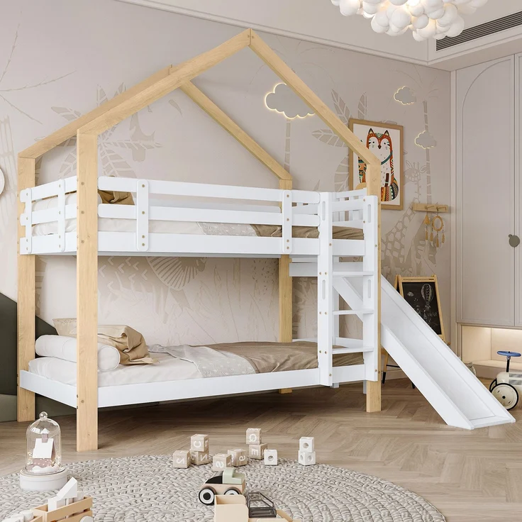 Haus-Etagenbett Kinder 90x200 Rutsche Leiter Kiefer Holz Spielbett,Weiß & Natur – Bild 2