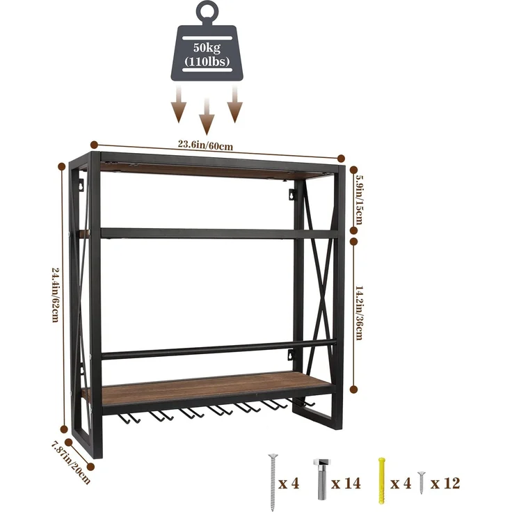 Todeco Weinregal Wandmontiert mit Glashalter Holz Metall Flaschenregal mit 3 Ebenen für 12 Flaschen Wein Weinständer mit Tassenablageregal geeignet für Küche maximale Belastbarkeit 50 kg, 60*20*62 cm – Bild 5
