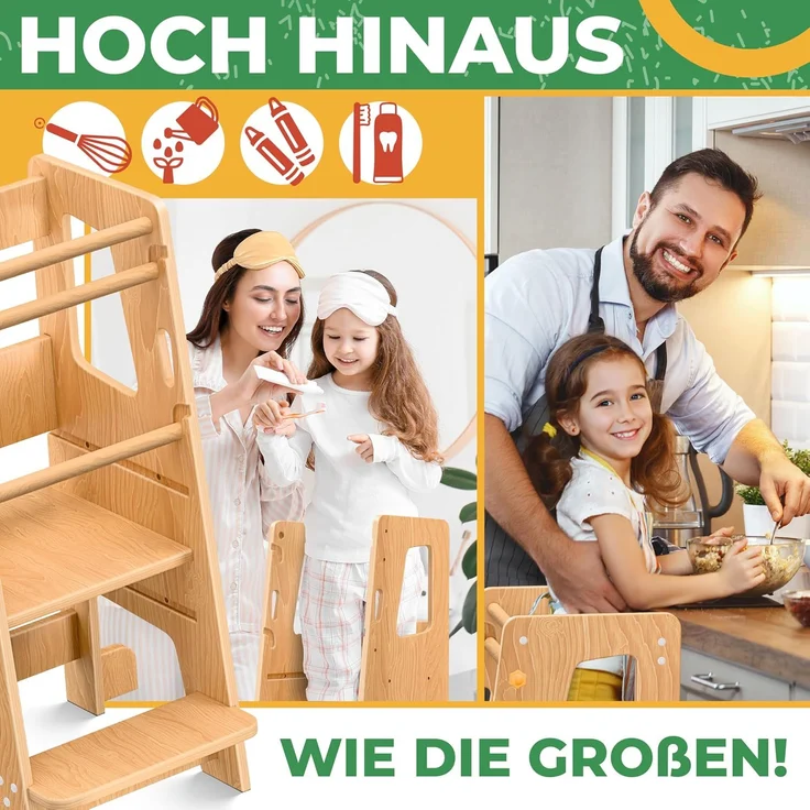 KIDIZ® Lernturm für Kinder ab 1 Jahr inkl. Lernuhr | 3-stufig Höhenverstellbarer Tritthocker aus Kiefernholz | spielerisch motorische Fähigkeiten fördern Montessori Learning Tower bis 50 kg belastbar Hellbraun – Bild 4
