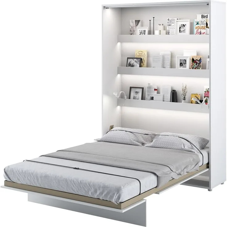 MEBLINI Schrankbett BC-01 - 140x200cm Vertikal - Weiß Matt mit Matratze - Wandbett mit Lattenrost - Klappbett mit Schrank - Wandklappbett - Murphy Bed - Bettschrank