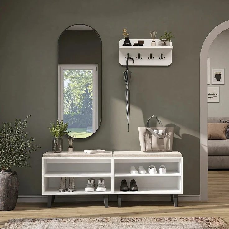 Roomart NORD Garderobenset 4-teilig – 2 offene Sitzbänke, Wandgarderobe & ovaler Spiegel – Flurgarderobe – H 53 x B 73.6 x T 35 cm (Sitzbank) • Weiß – Bild 2
