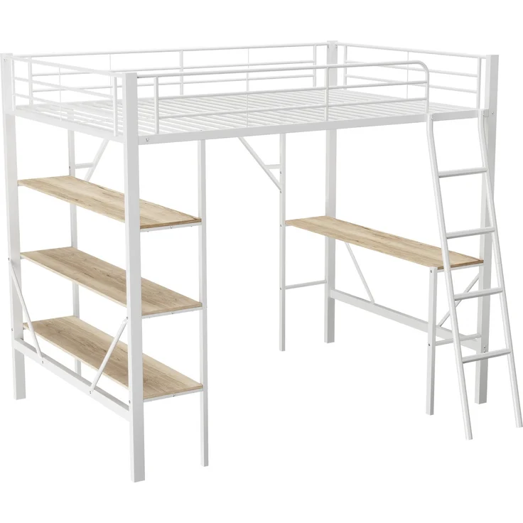 Weißes Metall-Hochbett 90x200cm mit Schreibtisch & 3 Ablagefächern, stabiler Stahlrahmen inkl. Lattenrost ohne Matratze – Bild 10