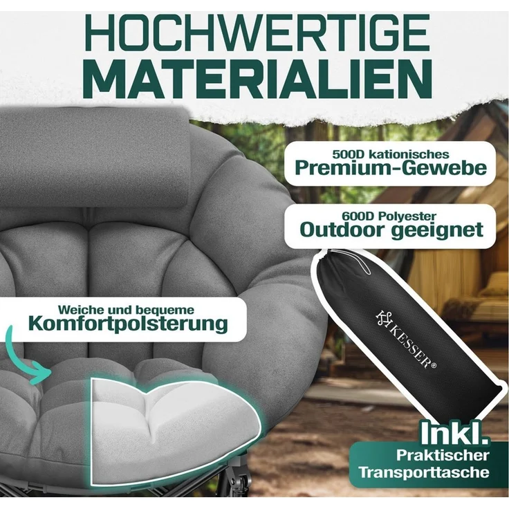KESSER® Campingstuhl Chillexer faltbar 150 Kg Klappstuhl ultraleicht und breit, dickes Polster mit bequemen Kissen und Seitentasche, Cover, Outdoor + Indoor - rund, Camping, Angeln, Festival, Strand Grau – Bild 3