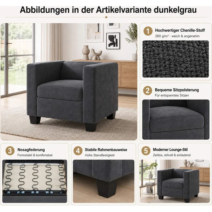 Sessel Lille, Loungesessel Polster-/Cocktailsessel, Nosagfederung Stoff/Textil Chenille (260g/m²) ~ beige – Bild 2
