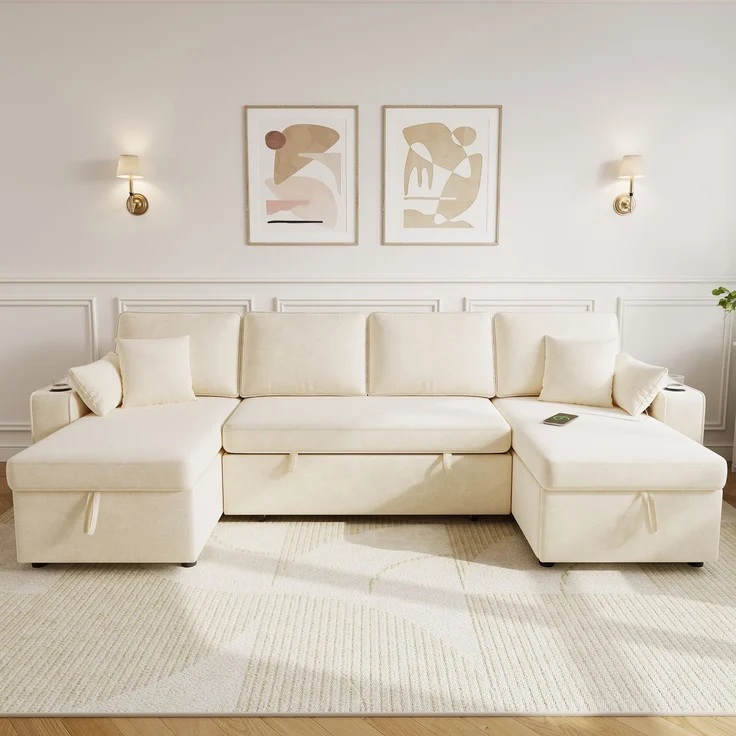 Merax U‑förmiges Ecksofa mit Schlaffunktion, ausziehbares Schlafsofa, integrierter Stauraum, doppelte Chaiselongue mit verstecktem Stauraum, Becherhalter, USB‑Ladeanschluss und Armlehnen‑Ablage, Beige – Bild 2