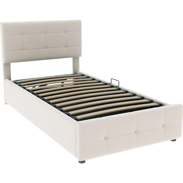 Polsterbett 90x200 cm mit hydraulischem Stauraum und höhenverstellbarem Kopfteil aus Samt, grau – Bild 6