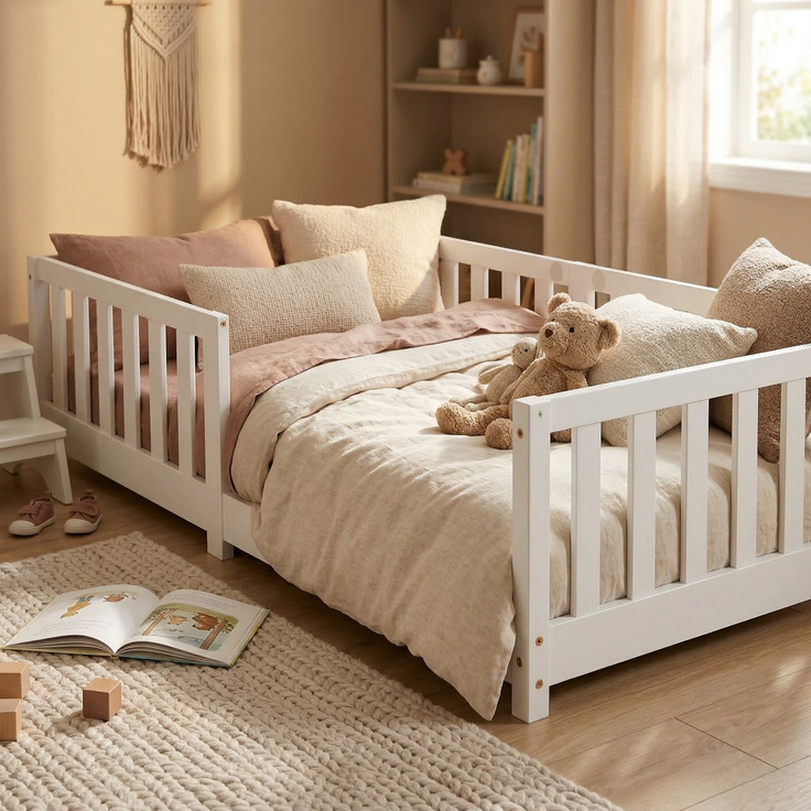 ecoMI Kinderbett mit Rausfallschutz und Lattenrost, Kiefernholz weiß, 80x160 cm – Bild 2