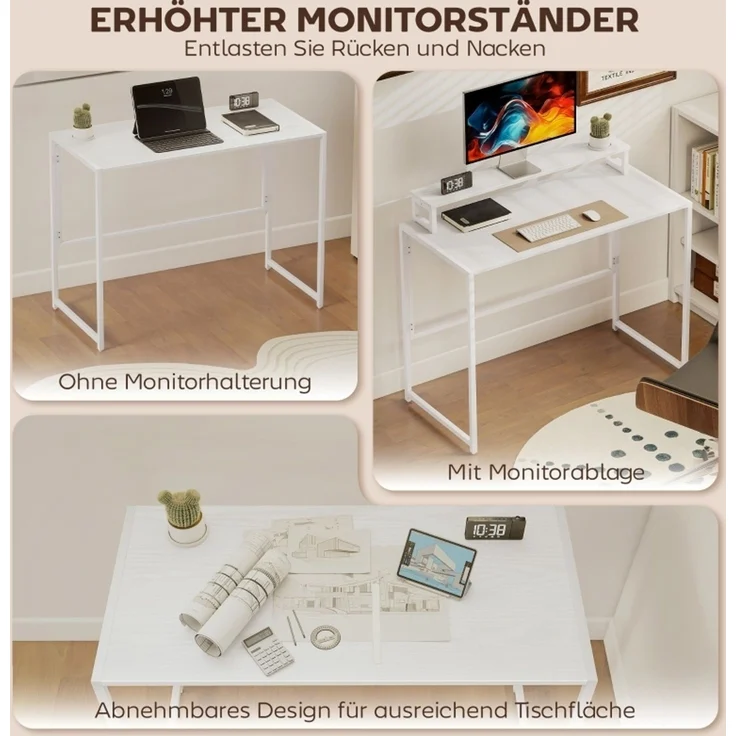 Klappschreibtisch mit abnehmbarem Monitoraufsatz, 100x48x87,5 cm, Weiß – Bild 6
