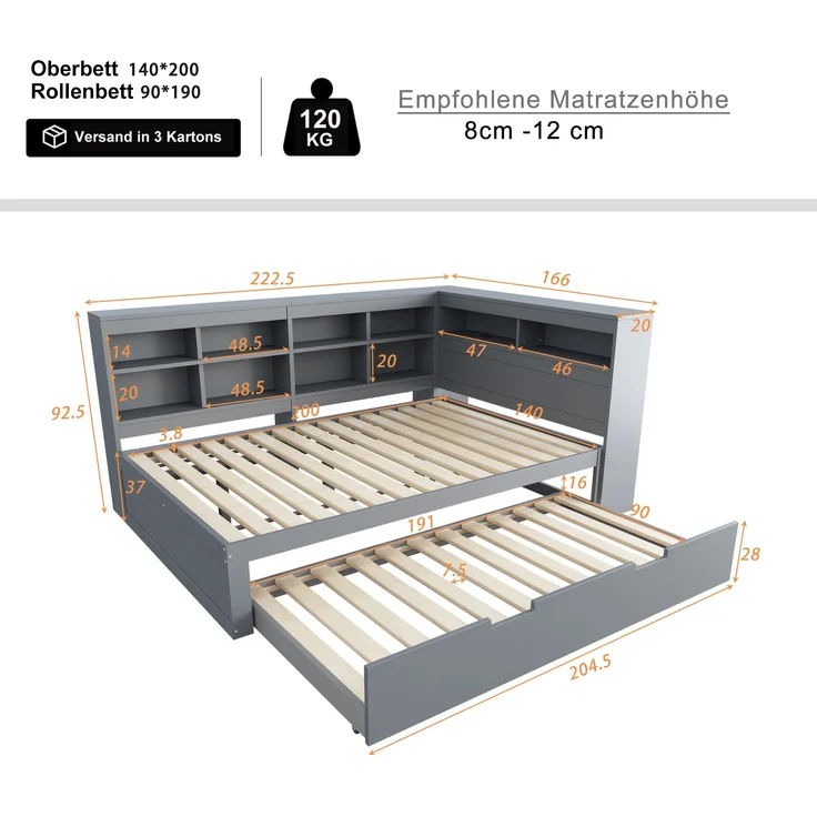 Multifunktionales Schlafsofa Grau 140x200 Mit Ausziehbett USB Ladesteckdose Stauraum Massivkiefer Doppelbett Gästebett Wohnzimmer Kompakt – Bild 4