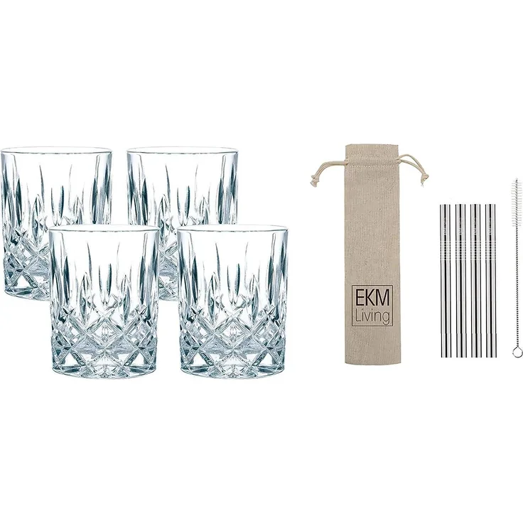 Nachtmann Whisky 4er Set Noblesse 89207 + 4er Set EKM Living Edelstahl Strohhalme (Silber)