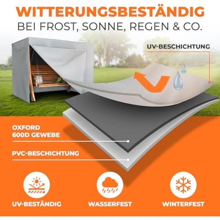 Kronenburg Hollywoodschaukel Abdeckung, 150 x 210 x 150cm, wasserdicht, Abdeckplane Gartenschaukel für 3-4 Sitzer - Wasserdicht in grau – Bild 5