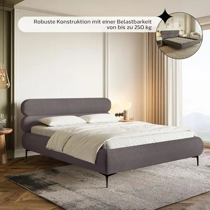 Selsey Polsterbett 140x200 cm Cord Braun – gepolstertes Bett 140x200 mit Lattenrost, stabiles Bettgestell mit schwarzen Metallfüßen, modernes Doppelbett im zeitlosen Design fürs Schlafzimmer – Bild 7
