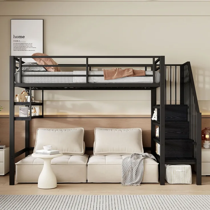 Bett 90x200 cm Hochbett mit Stauraumleiter und Einlegeböden – platzsparendes Kinderhochbett in Schwarz
