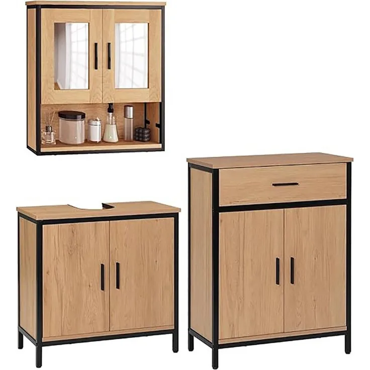 EUGAD Badmöbel-Set, (3-St), mit 2 Spiegeln, aus Holzwerkstoff, Helle Eiche+Schwarz