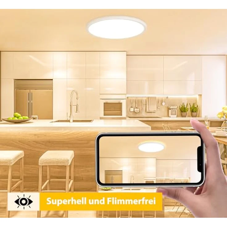 OUILA LED Deckenleuchte Flach Rund - Ø22CM Deckenlampe LED 18W 1600LM 3000K Warmweiß IP44 Wasserdicht Badezimmer Lampe, Badlampe Decke für Bad Küche Flur Schlafzimmer Keller – Bild 5