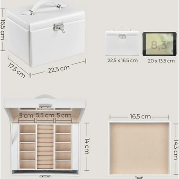 Songmics Schmuckkasten, 4 Ebenen, mit Griff, 3 Schubladen, großer Spiege – Bild 5