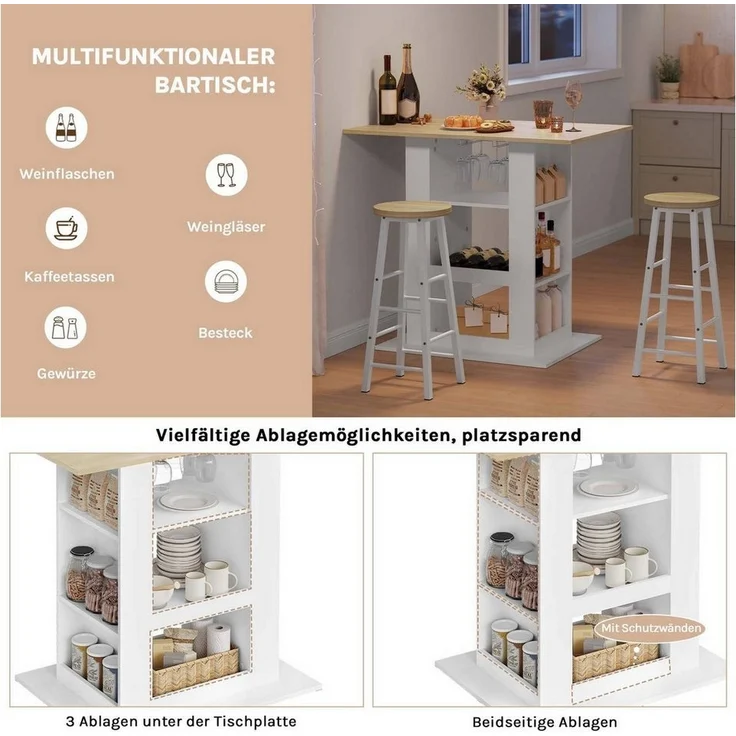 Woltu Bartisch (1-St), Stehtisch, 3 Ablagefächern, seitlichen Ablagen, für Küche Wohnzimmer – Bild 3