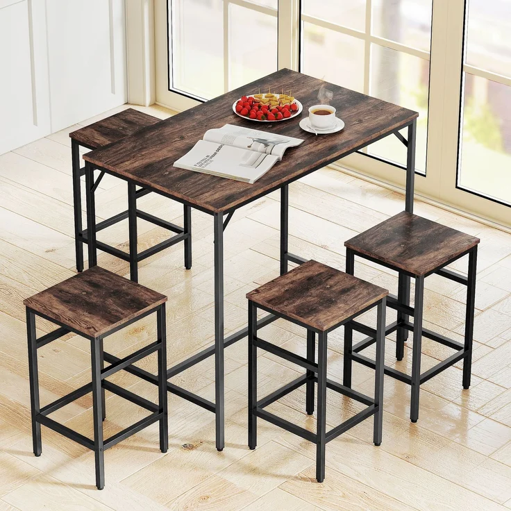 5-teiliges Bartisch-Set Bartisch mit Barhocker-Set Esstisch mit 4 Stühlen Küchentisch für Esszimmer, Küche, Rustikal-Braun+Schwarz--Rustikal-Braun--88x60x100cm--YOUDENOVA – Bild 4