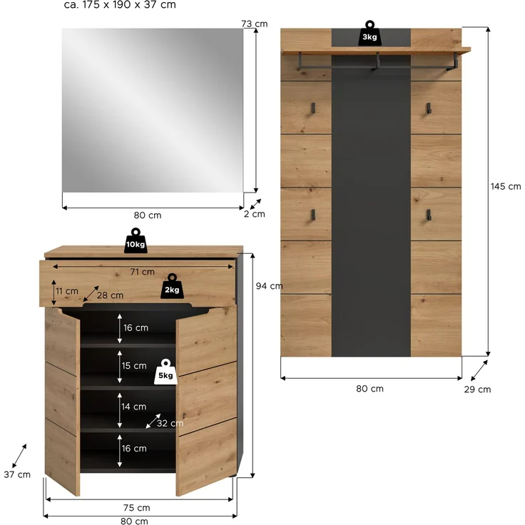 Garderobenkombination (B/H/T: 175x190x37 cm) in Artisan Nachbildung – Bild 4