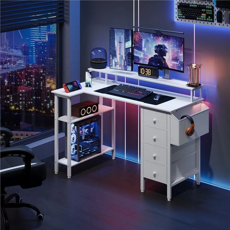 Yaheetech Computertisch Umkehrbarer Gaming-Schreibtisch mit Monitorhalterung, 120 cm L × 68 cm B × 86,5 cm H L-förmiger mit Steckdose – Bild 2