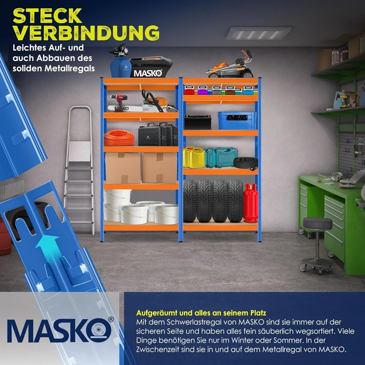 Masko 2er-Set Lagerregal Schwerlastregal, 5 verstellbare Ablagen, Metall orange / blau, 180 x 90 x 40 cm – Bild 6