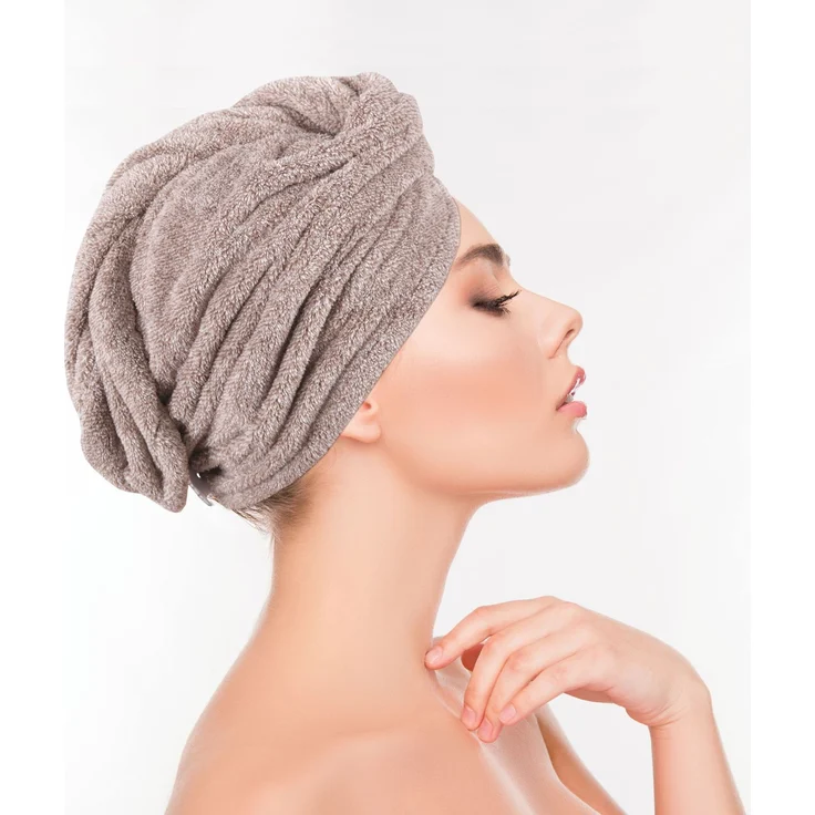 Haarturban ( Braun ) Cozy mit Knopf - 25x65cm ( One SIze ) Superweich Flauschig - Saugstark, Handtuch Haare Turban Haarhandtuch Schnelltrocknend – Bild 5