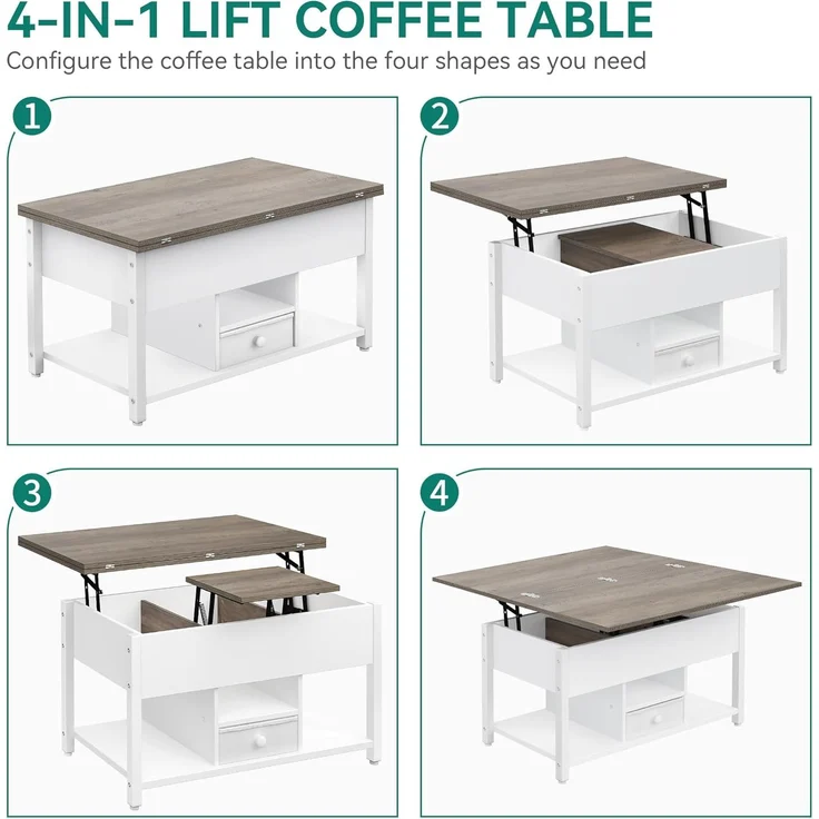 YITAHOME Couchtisch mit Anhebbarer Platte und Schubladen, 4-in-1-Multifunktions-Couchtisch mit Stauraum, Couchtisch lässt Sich in einen Esstisch für das Wohnzimmer umwandeln, Weiß&Grau – Bild 6