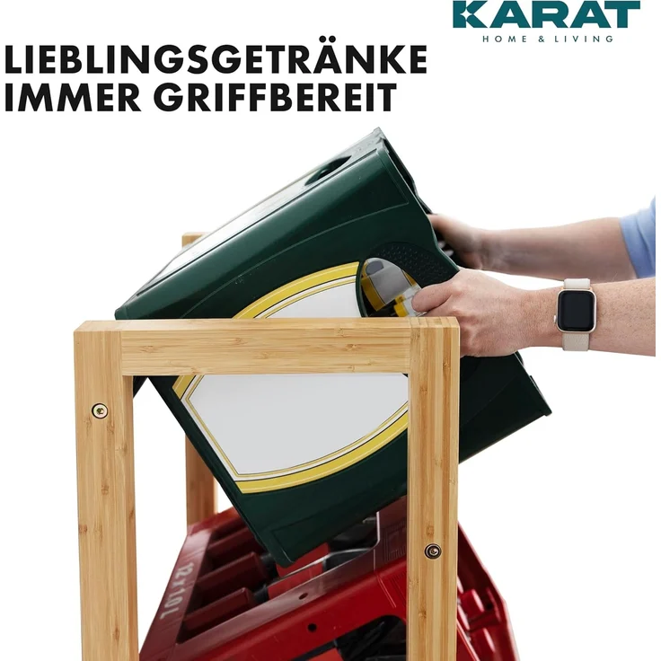 KARAT Getränkekistenregal für 3 Kisten aus Bambus & Edelstahl, stabiles und Robustes Wasserkistenregal, Bierkistenregal, Kistenständer, Getränkeschrank, Getränkeregal (Flash) – Bild 6
