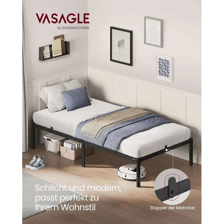 VASAGLE Einzelbettgestell, Bett, 90 x 200 cm, Metallbett, Bettrahmen, Unterbettaufbewahrung, modern, Gästebett, einfacher Aufbau, tintenschwarz RMBDE132B01