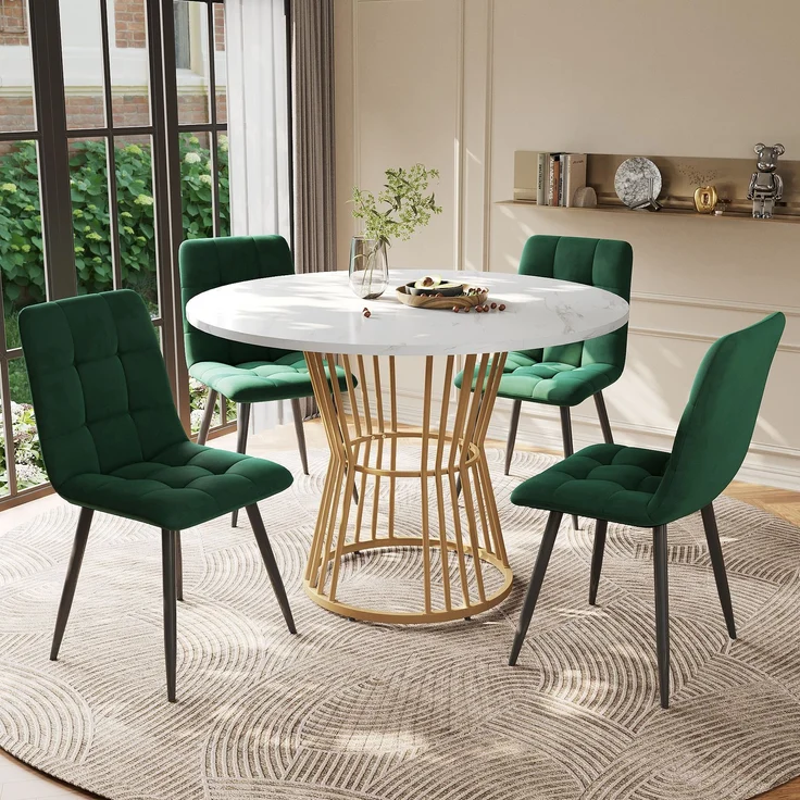 Esszimmer-Set 5-teilig Runder Tisch 100cm & 4 Grün Samtstühle Metallbeine moderner Küchentisch – Bild 2