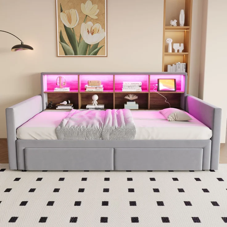 Merax Einzelbett Daybett 90/180 x190cm Ausziehbares Polsterbett Schlafsofa, Kopfteil mit integrierten Staufächern, LED-Lichtleiste und Ladesteckdosen, Mit 2 Schubladen, Samt Hellgrau – Bild 6