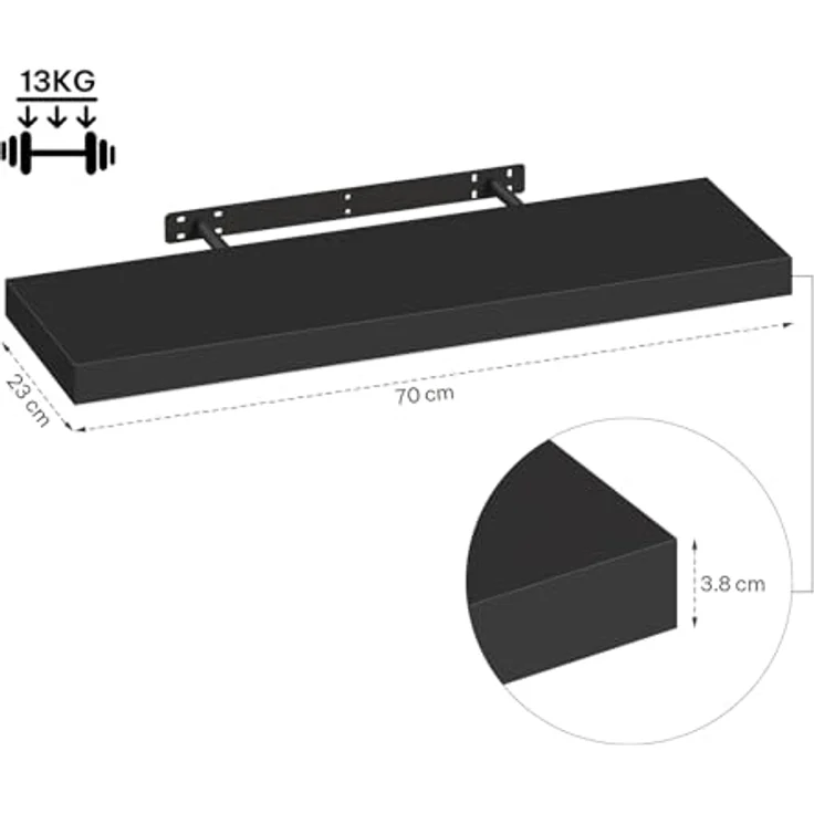 eSituro Wandregal, schwebendes Regal für Wandmontage, Schweberegal Hängeregal Wandbrett im Wohnzimmer Schlafzimmer Küche Badezimmer, schwarz modern, MDF, 70 x 3,8 x 22,9 cm – Bild 4