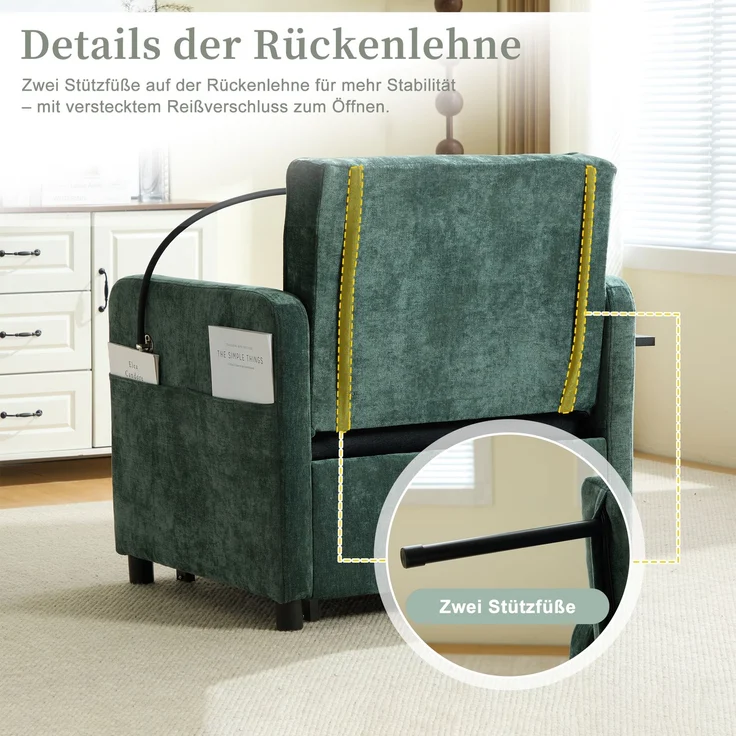 LVHOM Multifunktionaler Schlafsessel mit klappbarer Ablage, Ausziehbares 1-Sitzer Schlafsofa mit Handyhalter und Seitentaschen, Loungesessel, Dunkelgrün – Bild 8