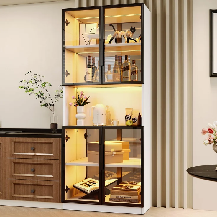 Vitrine 70x30x170 cm in Weiß mit grauen ESG-Glastüren, LED und Spiegelrückwand – Bild 2