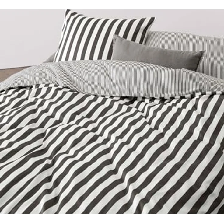 Marc O Polo Mako-Satin Bettwäsche Classic Stripe|155x220 cm + 80x80 cm| anthracite – Bild 4