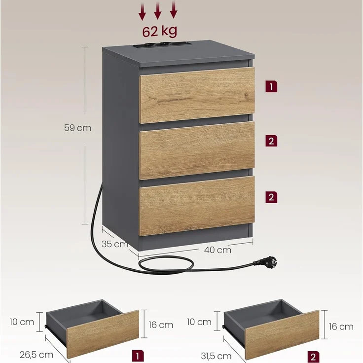 VASAGLE Nachttisch mit Steckdosenleiste, 2er Set, Beistelltisch, 3 Schubladen, 2 AC-Steckdosen, 2 USB-A-Anschlüsse, Wohnzimmer, Schlafzimmer, Arbeitszimmer, modern, schiefergrau-naturbraun LET831G01 – Bild 3