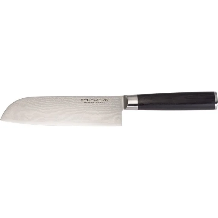 ECHTWERK Damastmesser, Santokumesser, traditionelles japanisches Messer, Kochmesser, Küchenmesser, scharfe Klinge für präzise Schnitte von Fleisch, Fisch & Gemüse, Klingenlänge ca. 18cm, Holzgriff