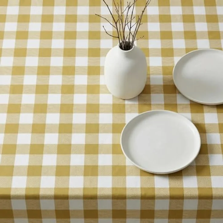 Belum Tischdecke, harzbeschichtet, schmutzabweisend, kariert, Vichy-Größe, 140 x 140 cm, fleckenabweisende Tischdecke, Vichy Senf, Tischdecke aus 100% Bio-Baumwolle – Bild 6