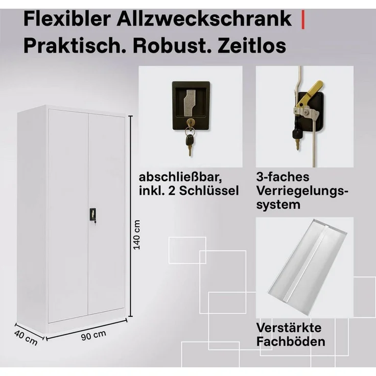 LagerZwei Aktenschrank Stahlschrank 140x90x40 cm (1-St) 3-fach verriegelt, 4 höhenverstellbare Böden, Flügeltüren 130° – Bild 3