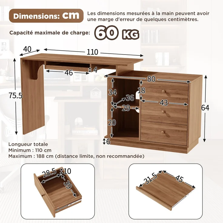 Moderner ausziehbarer Multifunktions-Computertisch mit ausziehbarer Platte, Tastaturauszug, offenen Fächern & Staurschrank mit 3 Schubladen, Schreibtisch für Heimstudium & Heimoffice--Nussbaum--76x40x75.5cm--YOUDENOVA – Bild 6