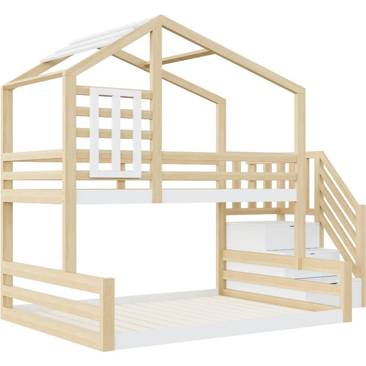 Etagenbett 140x200 Kinderbett Hausbett Kiefernholz+MDF, Geländer & Stauraum,Weiß & Natur – Bild 9