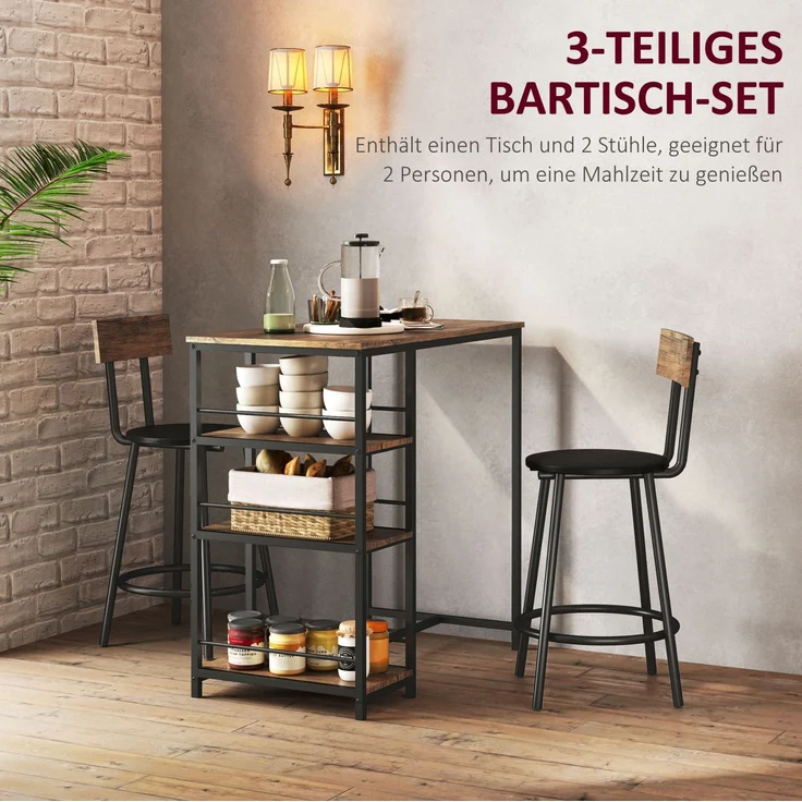 Bartisch-Set mit 2 Barhockern & 3 Ablagen, 90x50x90,5 cm, Eiche – Bild 7
