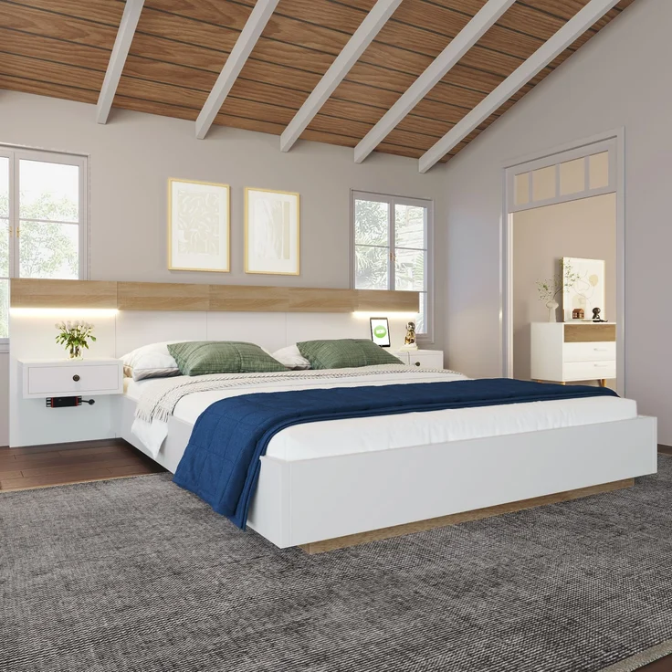 Doppelbett 140x200 cm in Eiche Weiß mit 2 LED Nachttischen, USB Stecker, Schwebebett, inkl. Lattenrost und Schubladen – Bild 5