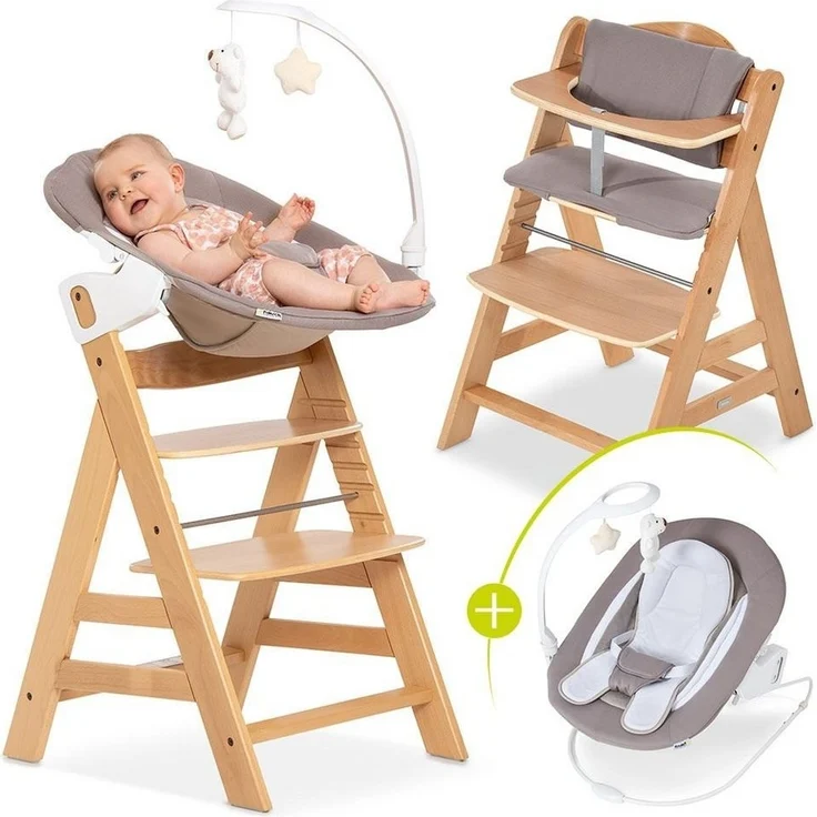 Hauck Hochstuhl Alpha Plus Natur - Newborn Set Deluxe (Set, 4 St), Holz Babystuhl ab Geburt inkl. Aufsatz für Neugeborene & Sitzauflage – Bild 5
